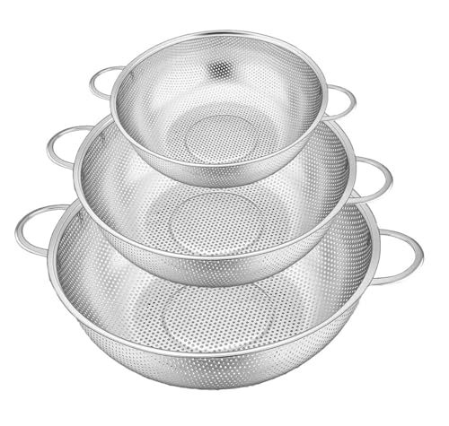 Juego de 3 coladores para pasta con asa, colador de cocina de acero inoxidable, colador para pasta, frutas, arroz, verduras, apto para lavavajillas