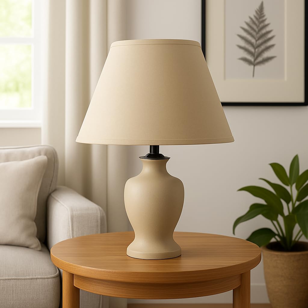 35 cm Pantalla Cono, Tela de Algodón, respaldo de PVC Blanco, Producto Hecho a Mano, para Lámpara de Mesa, Lámpara de Pie (Crema)