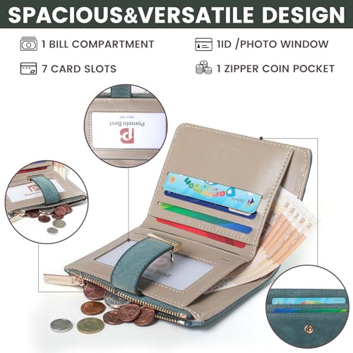 Image of Pomelo Best Wallet Women Bifold Leather Wallets for Women Credit Card Holder with ID Window Zipper Coin Pocket Suede Blue