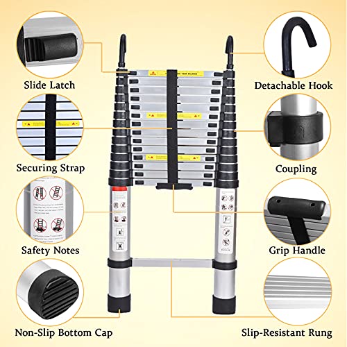 Telescoping Ladder 14.5ft Aluminum Telescopic Extension Ladder Extendable Ladders with 2 Detachable Hooks Portable Lightweight Safety Lock Design Best for Household Daily or RV Work 330 Pound Capacity