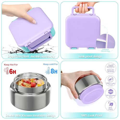 Image of Kids Bento Lunch Box with 9oz Soup Thermo Leakproof Lunch Food Containers 4 Compartment with Insulated Hot Food Jar for Kid Toddler Girls Boys to School, Trvael