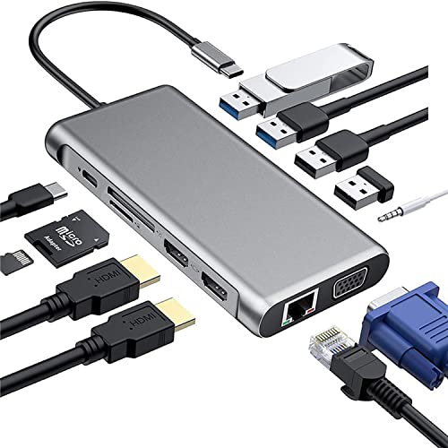 USB C auf Dual HDMI Multiport Adapter, 12 in 1 Typ C Hub mit Dual HDMI 4K, VGA, RJ45, 2 USB 3.0, 2 USB 2.0, USB-C PD, Micro SD/TF Karte, 3.5 Audio Jack Massive Erweiterungsunterstützung MST Cover
