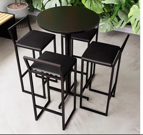 Conjunto Mesa Alta Bar Bistrô Redonda Preta 4 Banquetas Confort Estofado Industrial Black (PRETO)