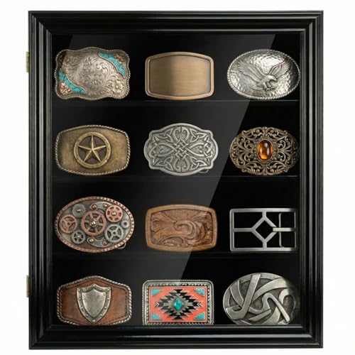 Silipull Belt Buckle Display Case 15x11.4x2.2 Wall Mount Shadow Boxes with Acrylic Door 4 Rows Adjustable Shelves Lockable Wooden Cabinet Belt Buckle Holder Display Frame for Fathers Day