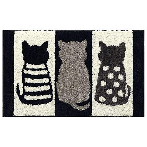 玄関マット玄関 マット 長方形 ラグ カーペット ラグマット 滑り止め おしゃれ 北欧テイスト オシャレ 家具 猫 cat　バスマット玄関マット 屋内 おしゃれ ねこ柄 北欧 バスマット トイレマット お風呂マット 洗面所 屋外 (黒と白の猫, 50x80cm)
