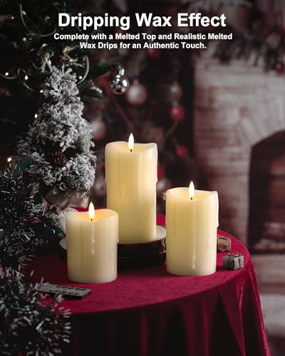 Image of Ivory Flameless Candles with Remote and Timer, Real Wax Made Wax Drip LED Pillar Candles Battery Operated with 3D Flickering Flame Melted Top - 3 inch x 4 inch,5 inch,6 inch - Set of 3