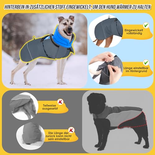 Eyein Hundemantel Winter für Große Hunde, Wasserdicht Hundejacke mit warmem Fleecefutter und Halsband, Winddichter Wintermantel Hund mit Bauchschutz und Verstellbarem Brustriemen, Blau, XXL