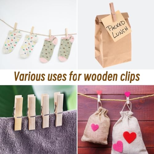 BOOHO 100 Stück Holzklammern 3,5cm, Mini Wäscheklammern DIY Geldgeschenke Deko für Fotos, Kleine Holzklammern mit 10 Nägeln und 10m Leinen für Fotowand Verpackung Gastgeschenk (3.5×0.7cm)