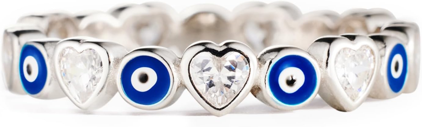 STORYJEWELLERY Evil Eye Ring, Blue Enamel Rings for Women, Nazar and Heart Ring Bands for Women, Blue Evil Eye Jewelry, Gifts for Women