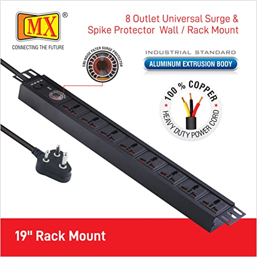 Image of MX Universal Socket Extension Board - 8-Outlet Power Strip with Child Safety Shutters, Wall & Desk Mount, Heavy-Duty Aluminum Body, 1.5M Cable, Surge & Spike Protection