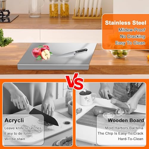 Image of HOMEZE 304 Stainless Steel Chopping Board 41 x 31 cm - Rust Proof, Non‑Slip & Heavy Duty Counter Top Cutting Board with Lip, Smooth Round Edge - for Cutting Vegetables, Fruits, Meat & Kneading Dough