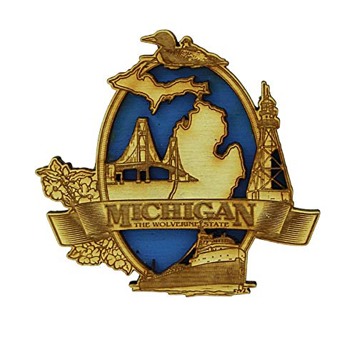 Michigan Magnet The Wolverine State, Collectible Engraved Wooden Souvenir Magnets for Fridge, Made in The USA, 3 Inches