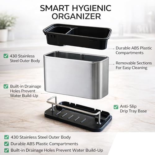 Image of Tenom Kitchen Sink Organiser, Sponge Holder & Dishwashing Liquid Rack, Stainless Steel Rust Proof Dishwasher Safe Space Saving Sink Organizer (Without Dispenser Pump)