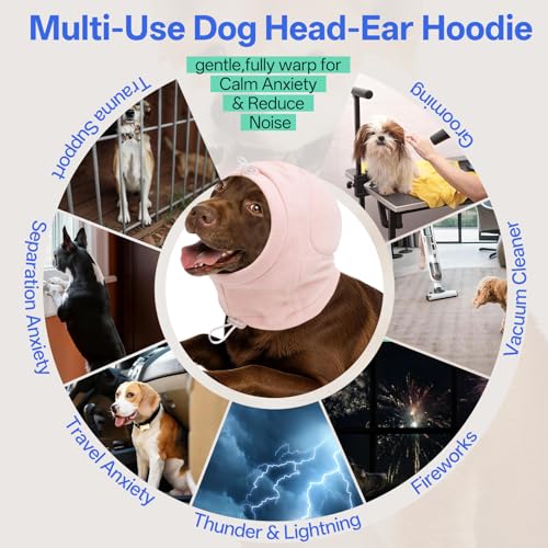 Image of MIGOHI Medium Dog Anxiety Ear Hoodie Muffs - Breathable Dog Ear Protection with Soft Pad, Anxiety Relief for Dogs,Ear & Head Cover for Separation, Vet Visits, Grooming,L,Pink