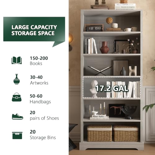 Image of TVU 6-Tier Wooden Bookshelf, 77.2 inch Tall Farmhouse Style Open Bookcase, 31.5 inch W Standing Book Shelf with Storage, Suitable for Study, Living Room, Office, Grey