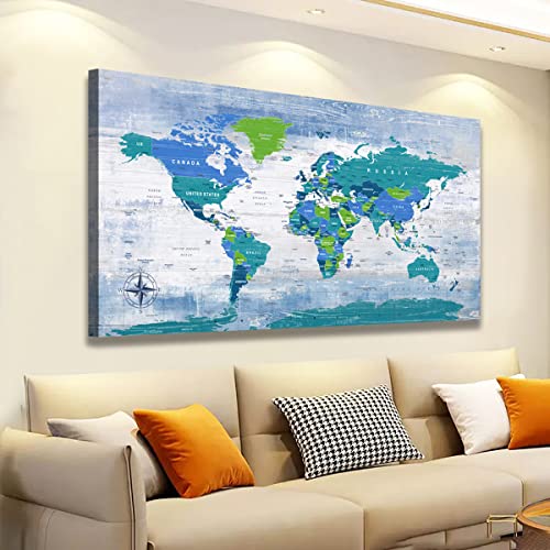 World Map Pictures Canvas Wall Art For Living Room Bedroom Or Bathroom Wall Decor,Wall Map Wall Art Print Paitnings For Home Decor,World Map Waterproof Stretched Ready To Hang-20X40Inches #TOP4