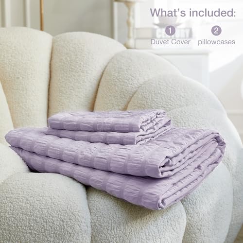 Image of JELLYMONI Seersucker Duvet Cover Set Queen, 3pcs Light Purple Polyester | In Master Bedroom, Couples Pick, Crinkled Texture, Oeko-Tex Certified, 8 Corner Ties & Hidden Zipper