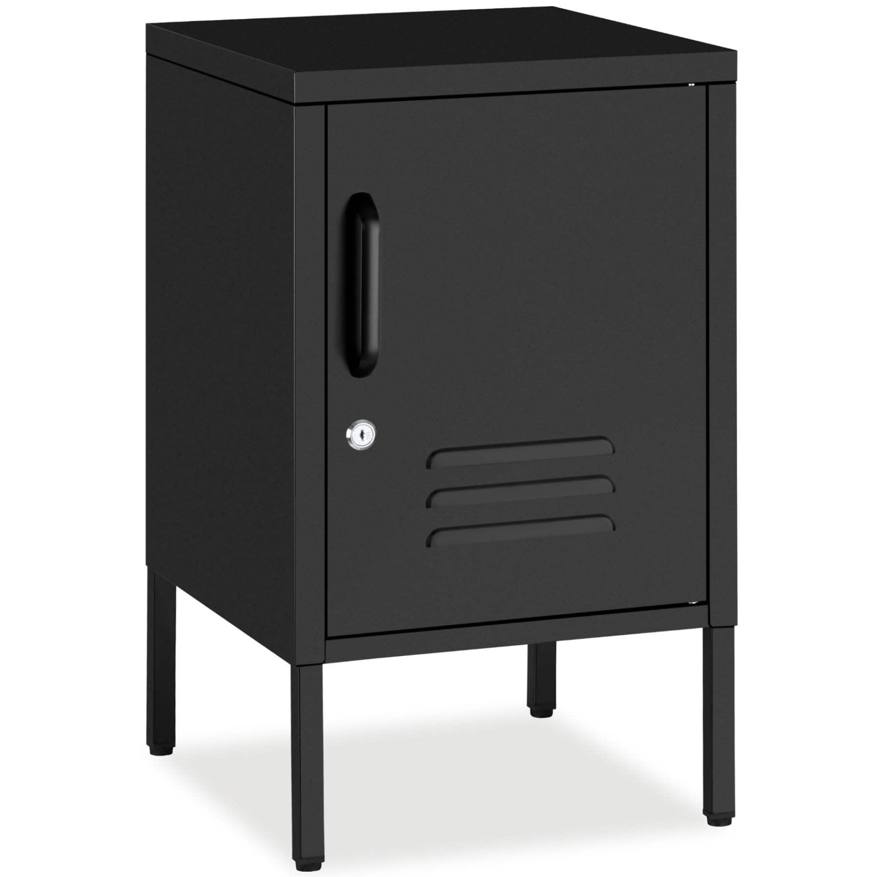 tectake® Comodino Camera da Letto in acciaio, 35x42,5x60,5 cm, mobiletto salvaspazio, ripiano regolabile, anta con chiave, chiusura magnetica, piedini regolabili, Tavolino Laterale da Divano - Nero