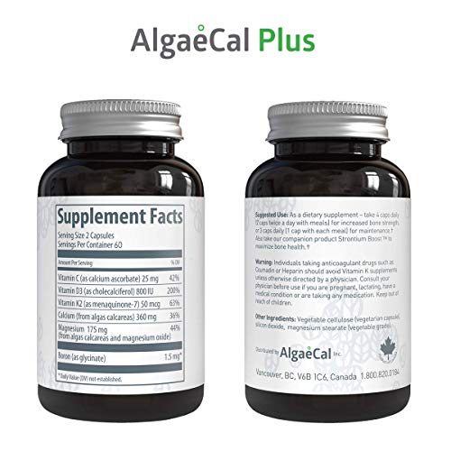 AlgaeCal Plus – Plant-Based Calcium Supplement with Magnesium, Boron, Vitamin K2 + D3 | Increase Bone Strength | All Natural Ingredients | Highly Absorbable | 120 Veggie Capsules per Bottle (6 Pack)