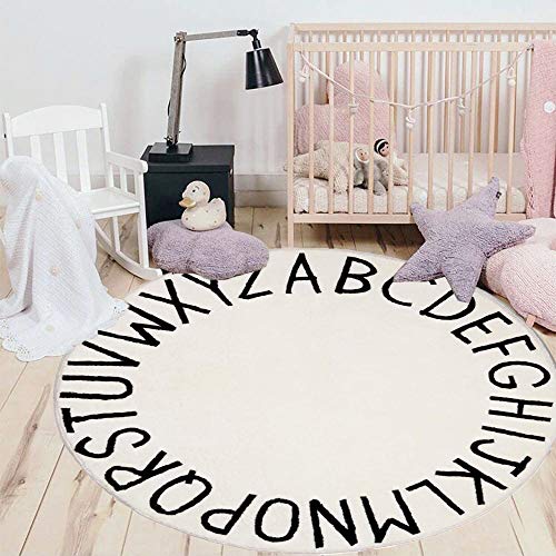 HEBE 4ft Round Kids ABC Rug Alphabet Nursery Rug for Bedroom Playroom Non Slip Educational Playmat Round Circle Carpet for Classroom Infant Toddlers,Milk White