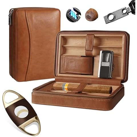Puffaland Cigar Humidor with Cutter, Humidor Box Cigar Case with Cigar Lighter Cigar Holder and Cigar Punch, Brown Leather Travel Humidor Cedar Wood Cigar Box Cover