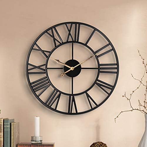 ARVINKEY Silent Wall Clock, European Farmhouse Vintage Clock with Roman Numerals, 47cm Non-Ticking Battery Operated Metal Skeleton Decorative Clock for Home Kitchen Cafe Hotel Office Decor(Black)