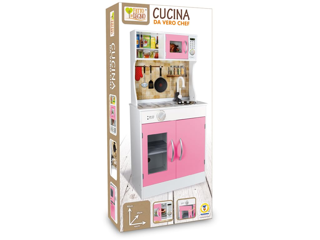 Teorema FATTO DI LEGNO – Cucina Giocattolo in Legno con Accessori, Cucinetta Completa con Forno e Microonde, Gioco di Ruolo per Bambini 3+ Anni (45 x 25 x 90 cm)