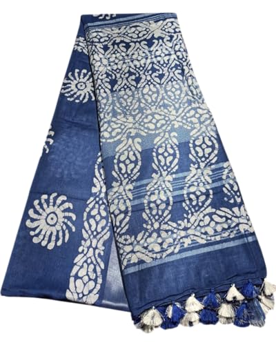 STB-SILK TEXTILES BHAGALPUR Sari de lino con estampado batik para mujer con blusa Runnig, Azul, talla única