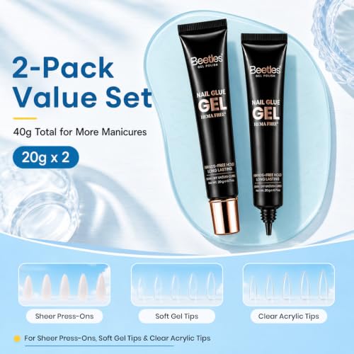 Image of Beetles 2Pcs*20g UV Nail Glue, Hands-Free Soft Nail Tips Glue, HEMA Free | Super Strong No‑Run Clear Gel,for Acrylic Nail Extensions & Press‑On Nails, Need UV Lamp, Beginner‑Friendly for Home & Salon