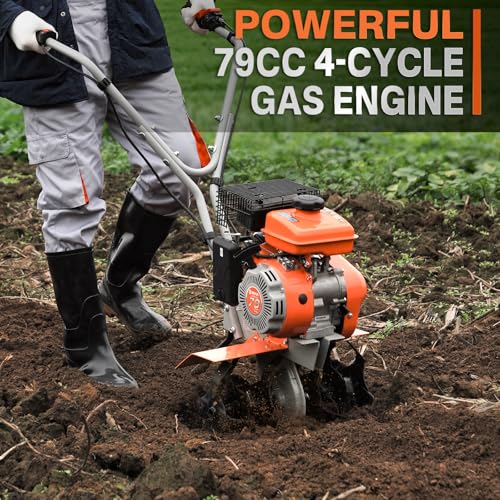 NOVUS 17-Inch Gas Tiller for Gardening, 79cc Gas Powerd 2-in-1 Front Tine Tiller Cultivator, 4-Cycle Gas Engine, Toolless Tilling Width Adjustment, Forged Steel Tines, Integrated Transport Wheels