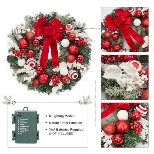 Garveehome 24 In Christmas Wreath With Lights for Front Door, Pre-Lit Christmas Wreath, Battery Operated, Lighted Xmas Door Wreath with Ball Ornaments for Christmas Door Fireplace Decor, Red and White