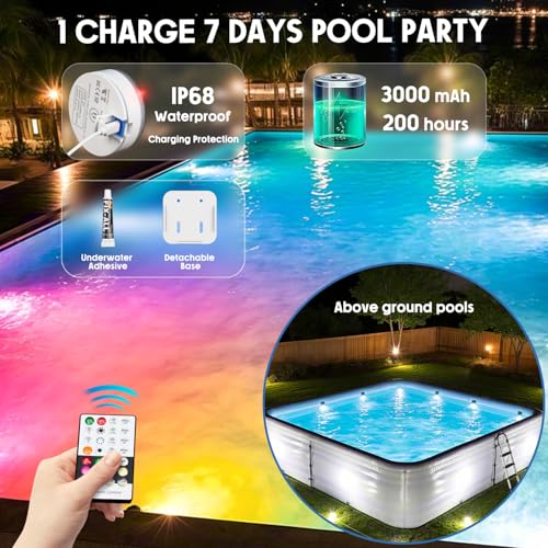 Miniatura 4 de Idyl Light Lote De 4 Lámparas Sumergibles Recargables Para Piscina Con Mando A Distancia, Impermeables, Carga Submarina, Control De Pilas Con Cambio De Color, Luces Flotantes Magnéticas Para