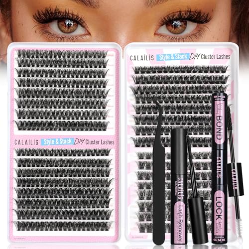 CALAILIS Wimpern Extensions Set 4 Stile 544 Stück Cluster Lashes 60D+80D+100D+56D D Curl Lashes Extension Set mit Wimpernkleber und Sealer Lash Remover und Applikator (10-16mm)