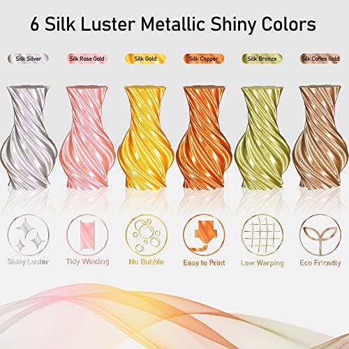 Image of MIKA3D 1.75mm Silk PLA Filament 6 in 1 Bundle Pack, 6 Metallic Shiny Colors: Gold /Silver /Copper /Bronze /Coffee Gold /Rose Gold, Each Spool 250g, 6 Spools Packed, Total 1.5Kg 3D Printing Material