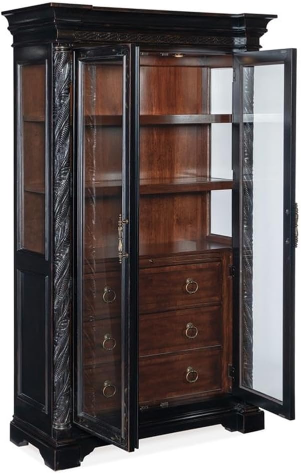 Bowery Hill Glass-Door Display Cabinet, 82"H x 48"W x 20.5"D, Cherry Veneers, Black Cherry Finish, Tempered Glass Doors, Adjustable Shelves, Self-Closing Drawers, Intricately Carved, Colonial Style