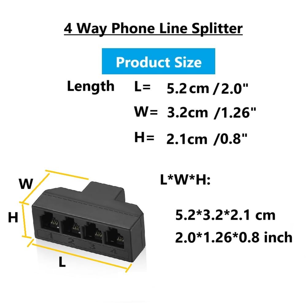 Cable RJ11 divisor de teléfono de 4 vías, paquete de 3, negro, divisor 6P4C, adaptador de cable de línea telefónica con cable para cable de teléfono fijo, adecuado para teléfono, máquina de