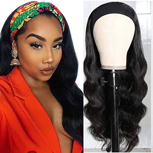 Esmode Hair Headband Wigs for Black Women Human Hair Wigs Body Wave with Headband Attached Machine Made Glueless Wig 150% Density None Lace Front Wig Natural Color (12 Inch)