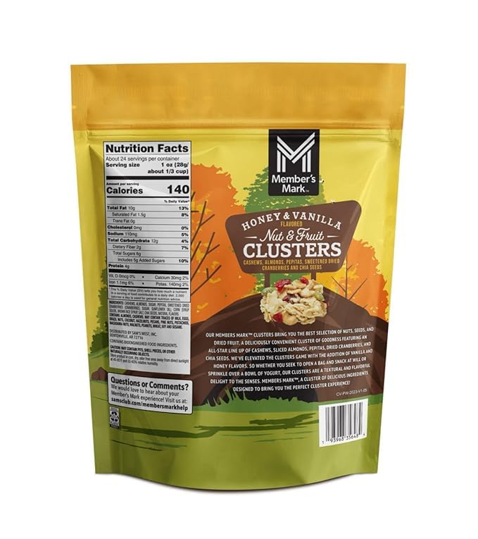 Honey Vanilla Nut & Fruit Clusters - 24 oz, Resealable Pouch, Cashews, Almonds, Cranberries, Chia Seeds, Perfect Crunchy Snack for Any Occasion