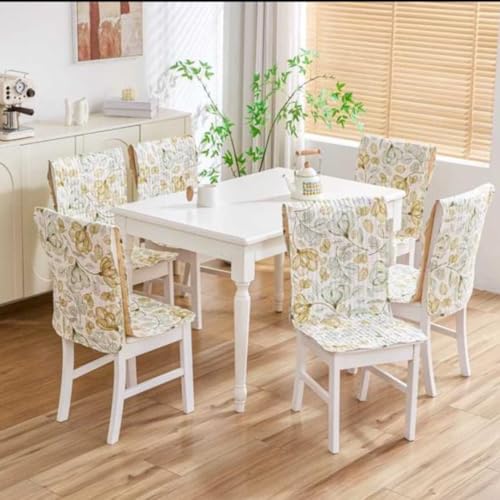 Image of HOMETHREADS Universal-Fit Cotton Fabric Chair Cover Comfortable Cushioned Seating Pad with Anti-Slip Back, Perfect for Kitchen,Dining Room (White Green, Pack of 6)