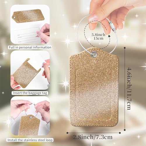 2 Pcs Luggage Tags for Suitcase, Cute Unique PU Leather Travel Bag Tag with Privacy Cover ID Label Address Card and Durable Metal Ring Suitable for Men Women Backpack (Glitter Gold)2