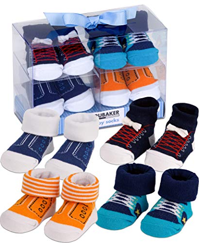 Image of BRUBAKER 4 Pairs of Baby Boy Socks 0-12 Months - Fun Sneaker Cars Animals Pirate Socks - in Gift Box