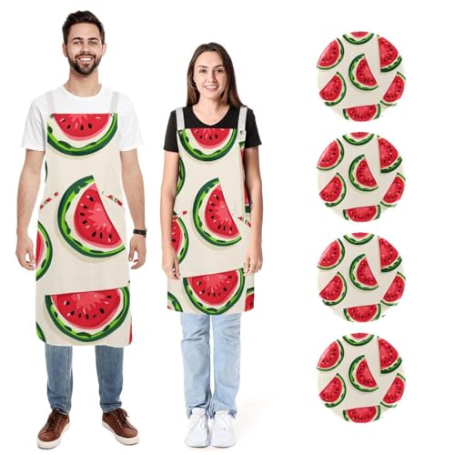 Tablier de cuisine doux rouge pastèque avec poches pour cuisiner en duo