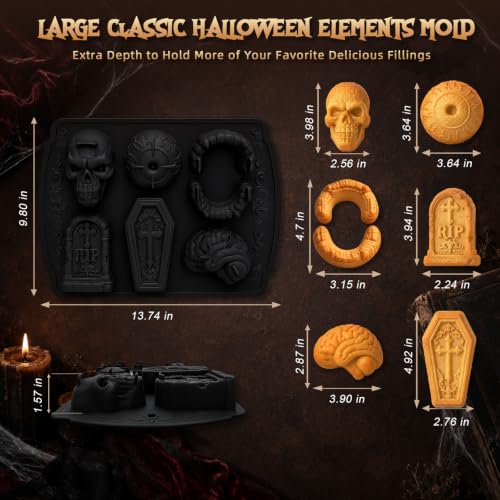 Image of HKNMTT Skull Cake Pizza Pan 6 Spooky Shapes Halloween Silicone Baking Mold | Skull Eyeball Fangs Tombstone Coffin Brain Cake Mold for Pizza Chocolate Musse Soap Ice Cubes Non-Stick Food Grade