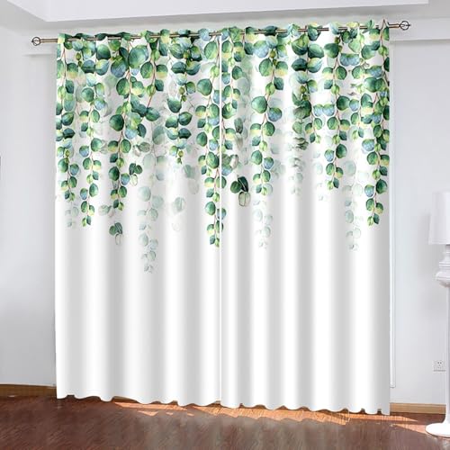 Mesnt Cortinas para dormitorio, juego de 2 paneles, tela de poliéster, patrón de vid botánica, ojales, cortina opaca para sala de estar, verde, ancho 200 x largo 213 cm