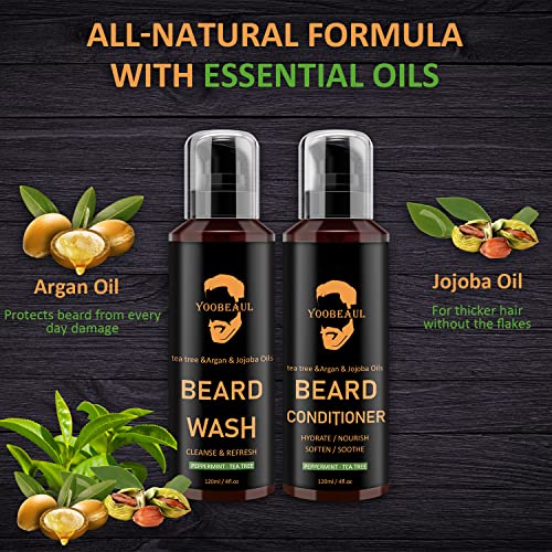 Beard Wash, Beard Conditioner & Beard Brush Set W/Argan & Tea Tree Oils - Natural Mint Tea Tree Scent - Softens & Strengthens, Shine, Reduce Itchy - Scrub, Beard Shampoo W/Beard Oil 2 X 4 Fl Oz 120Ml #TOP2