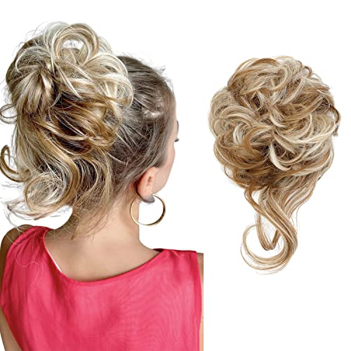 XBwig 1Pcs Messy Hair Bun Hair Scrunchies Extension Curly Wavy Messy Synthetic Chignon with Elastic Rubber Band for Women Updo Tousled Hairpiece