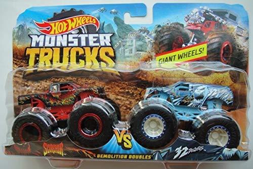 Hot Wheels MONSTER TRUCKS DEMOLITION DOUBLES SCORCHER VS 32 DEGREES GIANT WHEELS