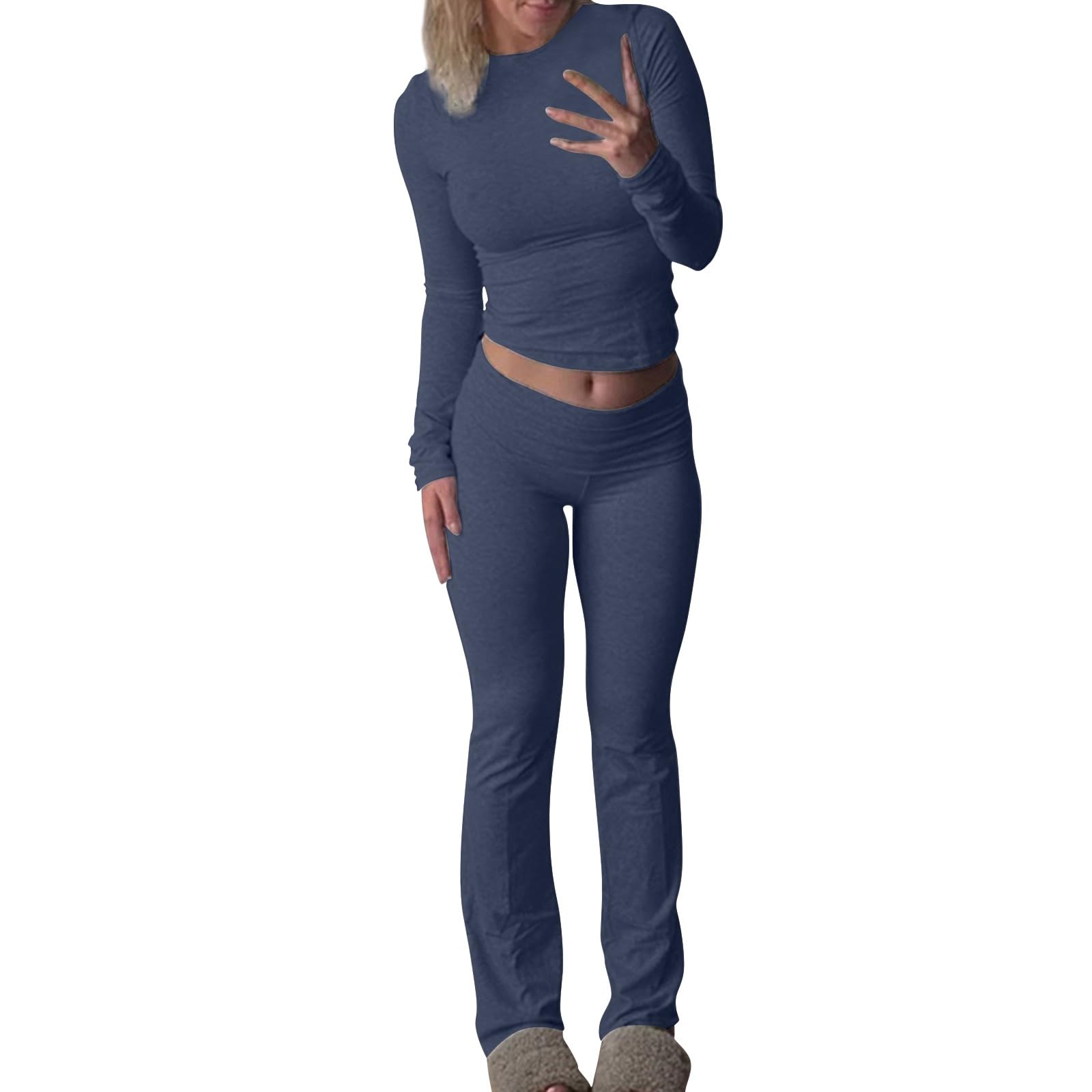 Tuta da yoga da donna, 2 pezzi, in cotone, elasticizzata, slim fit, a maniche corte, girocollo, top e pantaloni lunghi, tinta unita, per il tempo libero