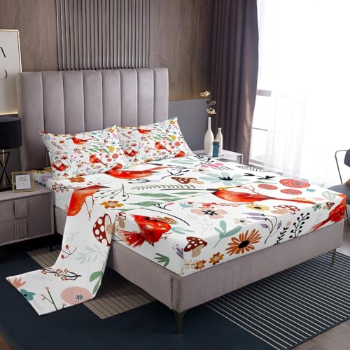 Erosebridal Kawaii Cardinal Bed Sheets Set Mushroom Floral Twin Sheet Set for Boys,Cartoon Animal Sheets Watercolor Flowers Leaves Toddler Flat Fitted Sheet for Girls Kids Children,Cute Room