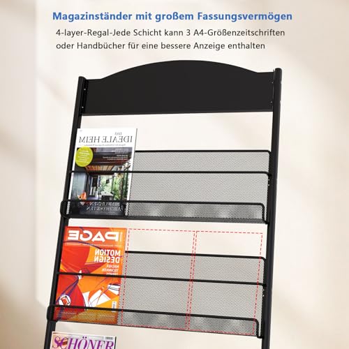 Tcatec Prospektständer Bodenstehender Zeitschriftenständer 4-stufiger Prospekthalter A4 zeitungsständer mit 4-Rädern Zeitungskataloghalter aus Stahl Informationsständer für öffentlichen Orten